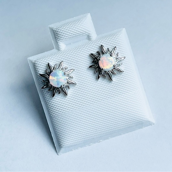 Sterling Silver White Lab Opal Blazing Sun Earrings, Silver Stud Earring, - Picture 4 of 10